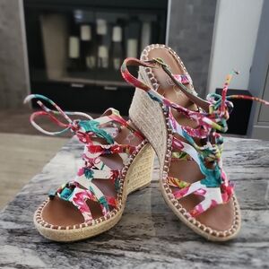Sugar HUNNIES Floral Canvas Strappy Braided Jute Wedge Espadrille Shoe S…